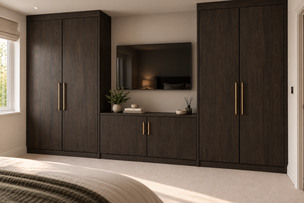 Dark oak wardrobes framing a television and low bedroom storage cabinets