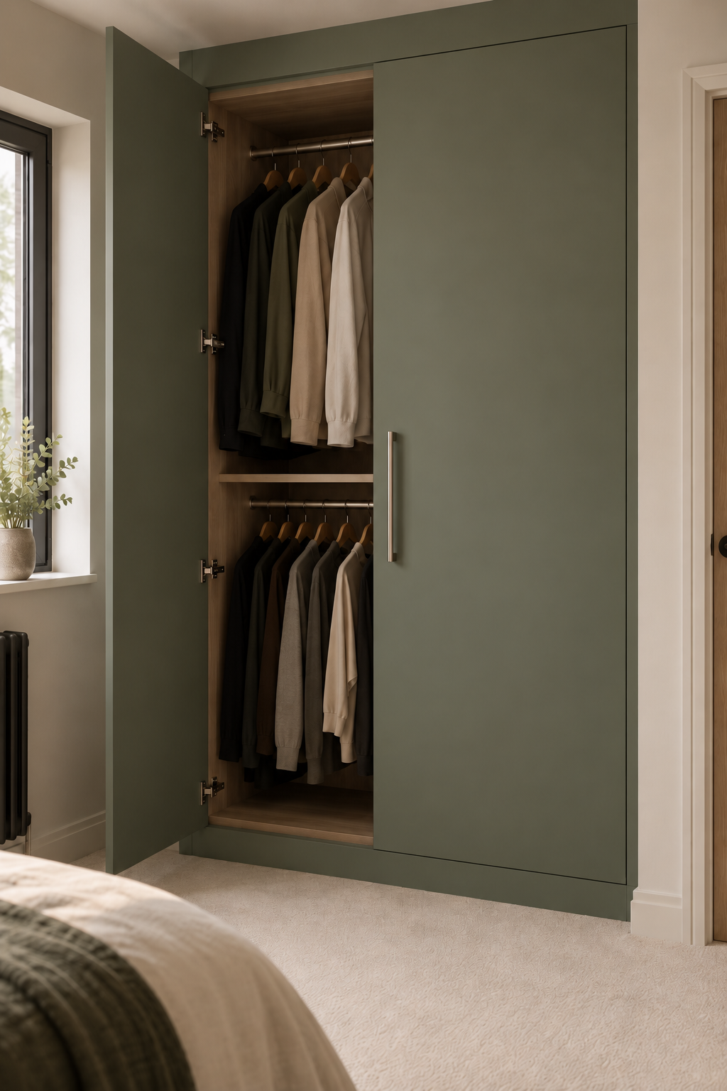 Olive wardrobe doors with a warm wood interior and double hanging rails