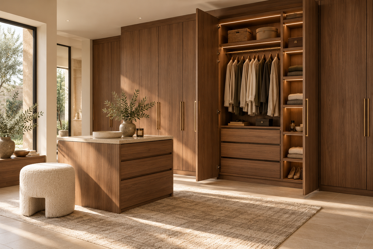 Olive wardrobe doors with warm wood interiors and double hanging space