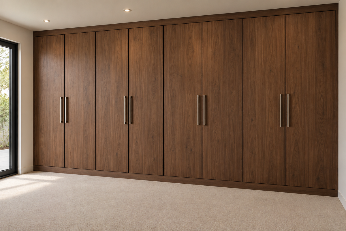 Wall-to-wall walnut wardrobes with vertical woodgrain and brass handles
