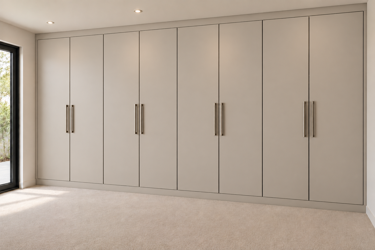 The same wall-to-wall wardrobes in a smooth cashmere-inspired finish with matching brass handles