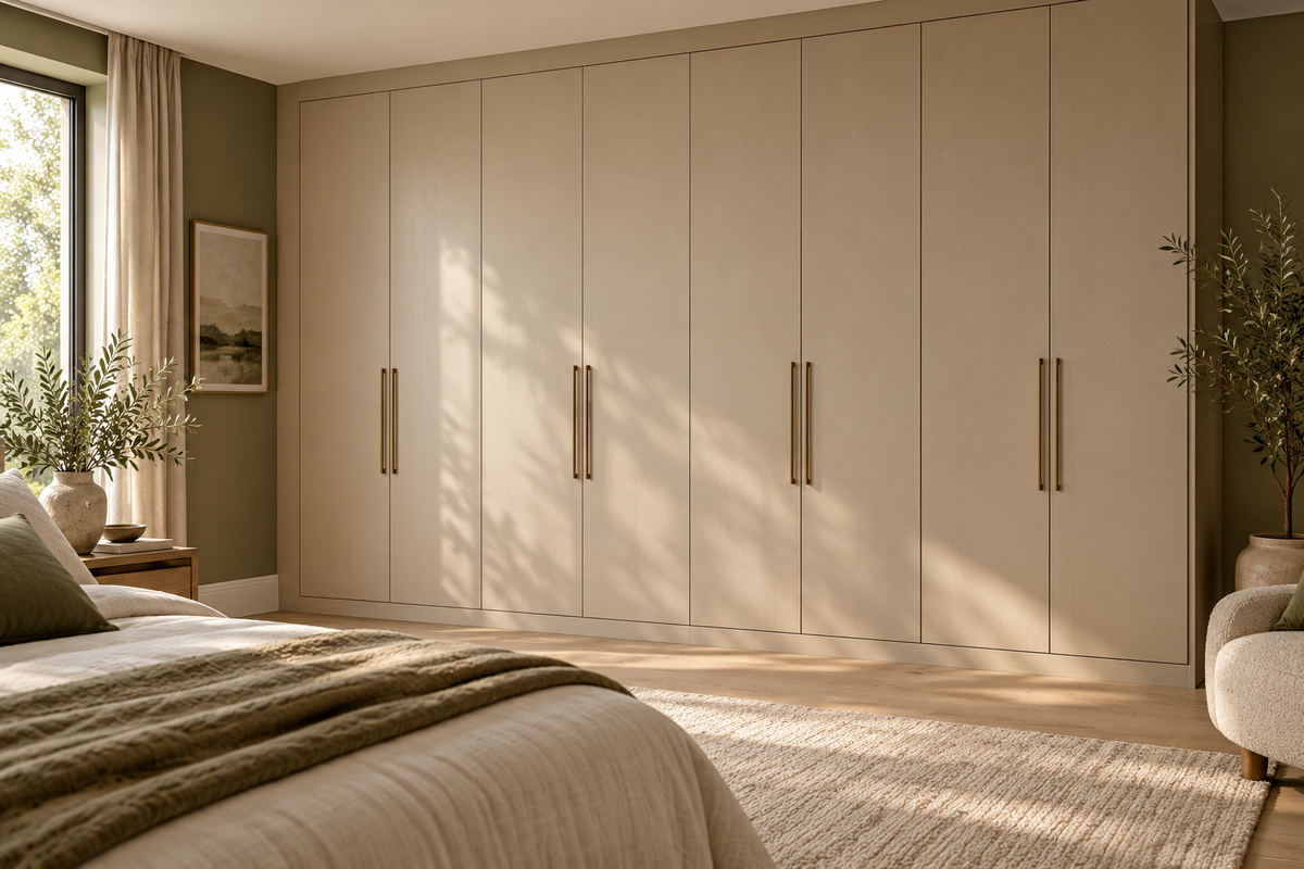 Cashmere-toned wardrobe design in a bedroom with olive walls