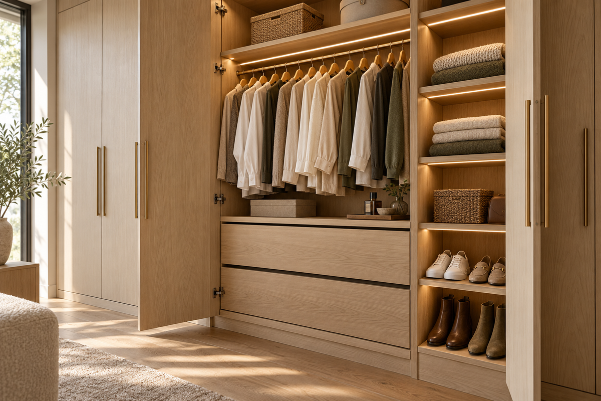 Light oak wardrobe design with hanging space, drawers and shelves